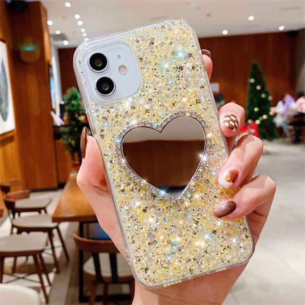 Glitter heart mirror rhinestone TPU phone case for Apple iPhone 11 12 13 14 15 Pro Max in gold