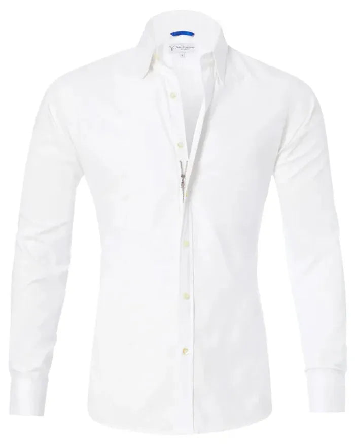 Long sleeve zipper shirt with button lapel in solid colour, slim fit, cotton four-sided elastic fabric for men