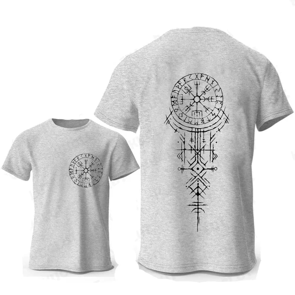 Front view of a men's pure cotton T-shirt featuring a detailed Viking rune compass graphic print.