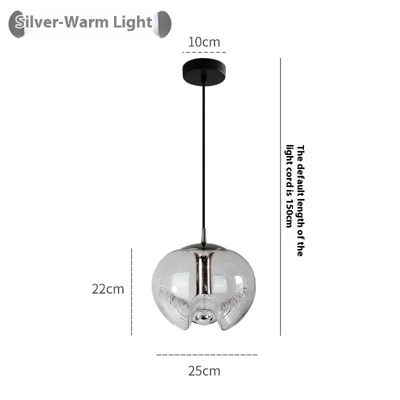Modern minimalist glass bedside chandelier with 250mm diameter, shown in transparent, amber, and smoky grey colour options.