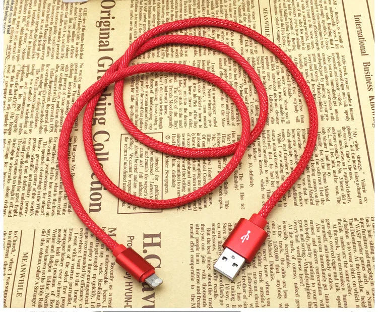 Denim braided Type-C charging cable with aluminium alloy connector in black, blue, or red colours