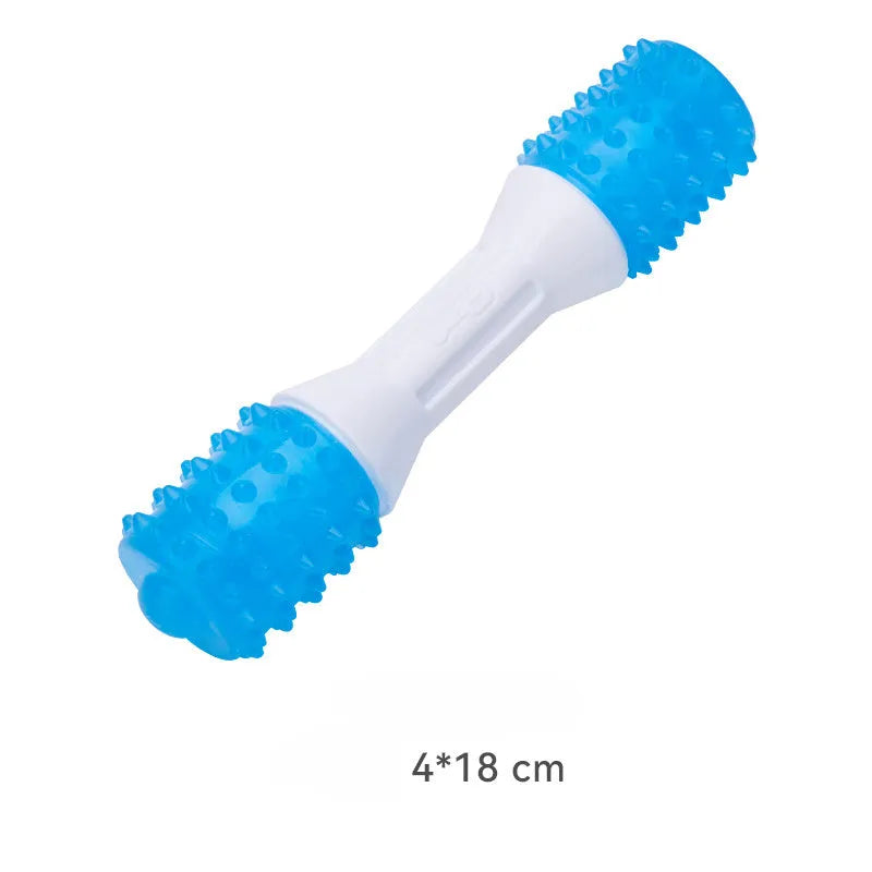 Dual-colour TPR rubber puppy teething chew toy for moderate chewers, shown in sizes small, medium, and large.