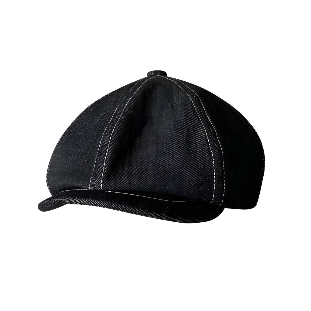 Black Japanese Denim fabric cotton beret shown in retro fashion style with three size options for men and women