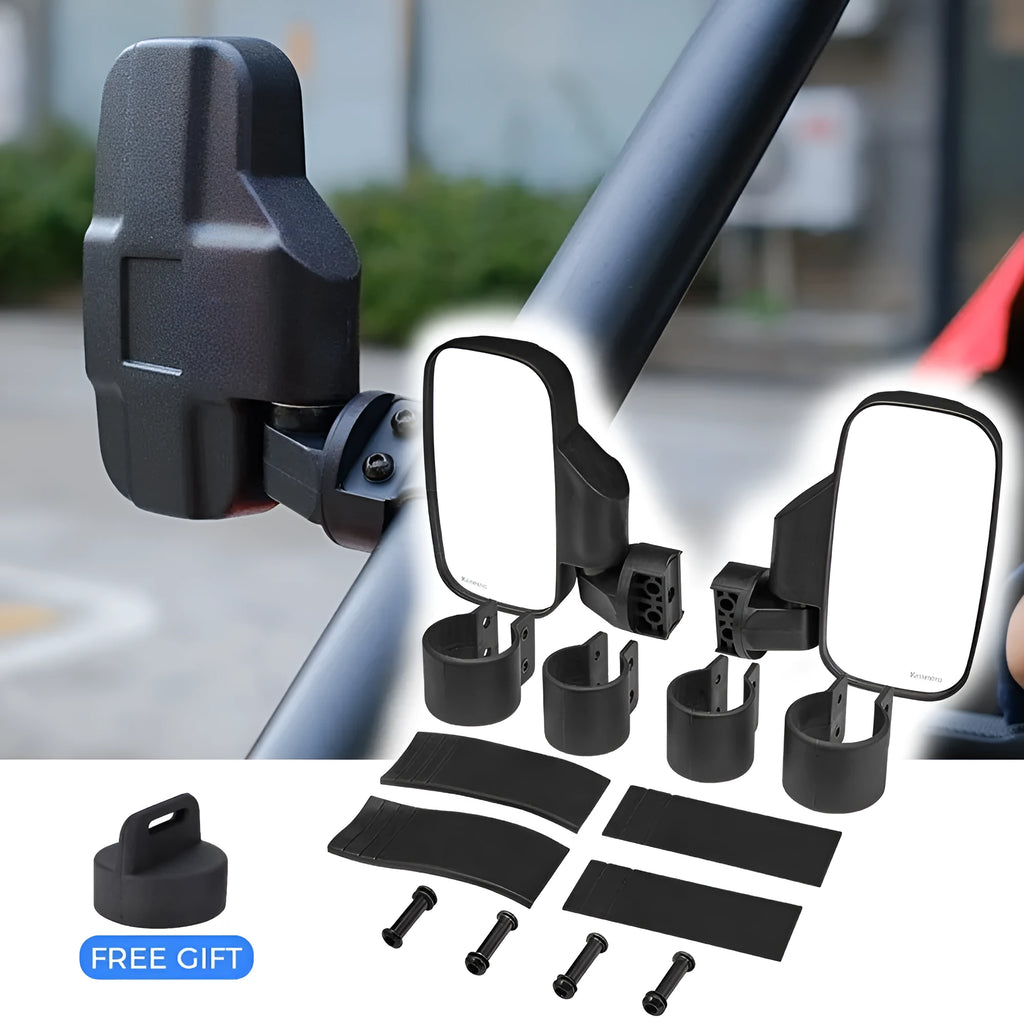 Pair of black plastic and glass universal UTV off-road motorcycle rearview mirrors in packaging
