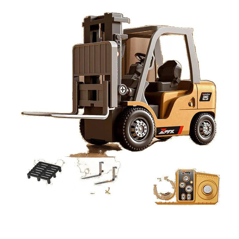Miniature alloy forklift remote control car with cargo attachments on pallet