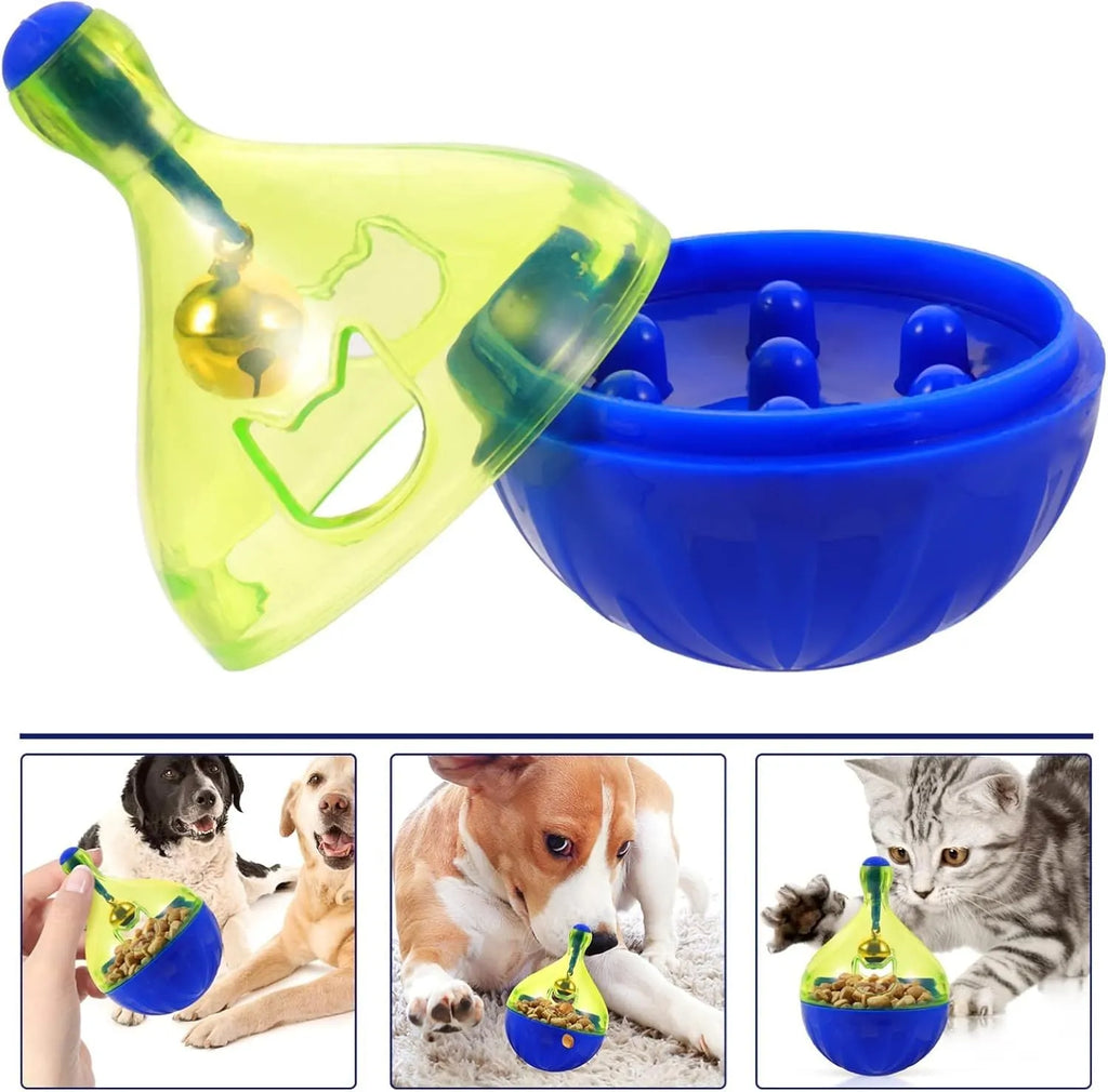 Blue tumbler-shaped interactive pet treat dispenser toy for dogs and cats