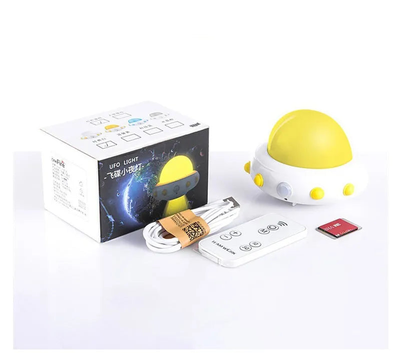 Remote control UFO cartoon bedside night light in blue, pink, or white colour options