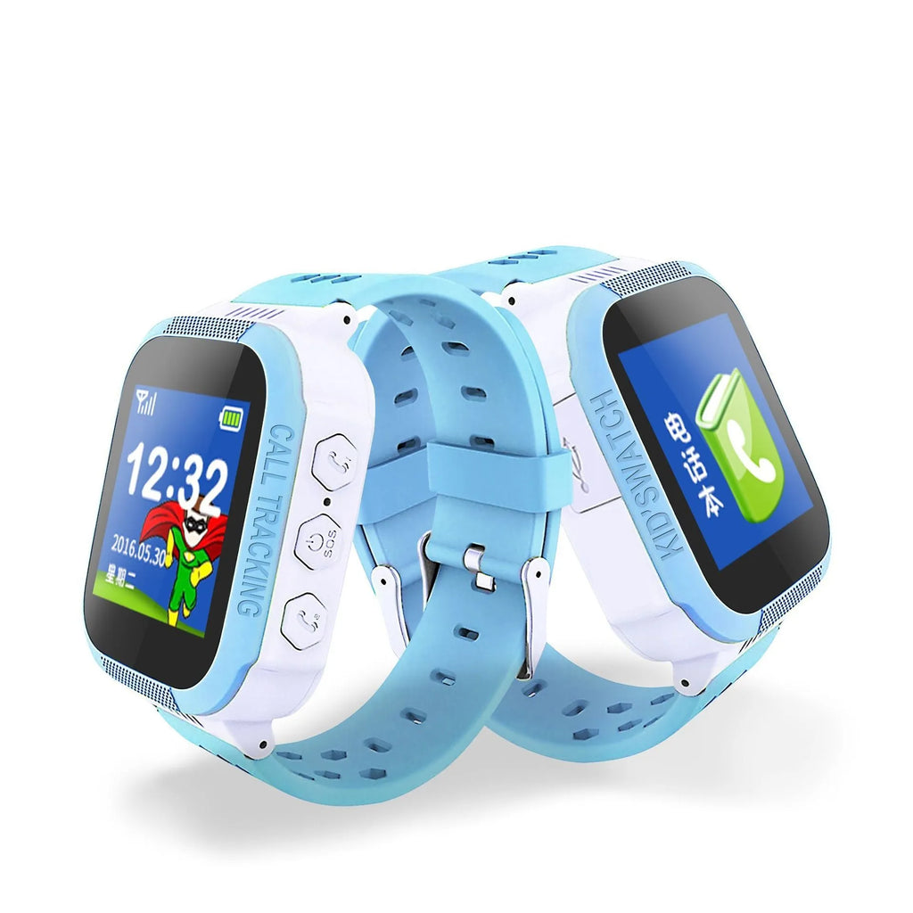 Blue children's phone watch with 1.44-inch IPS screen showing time display