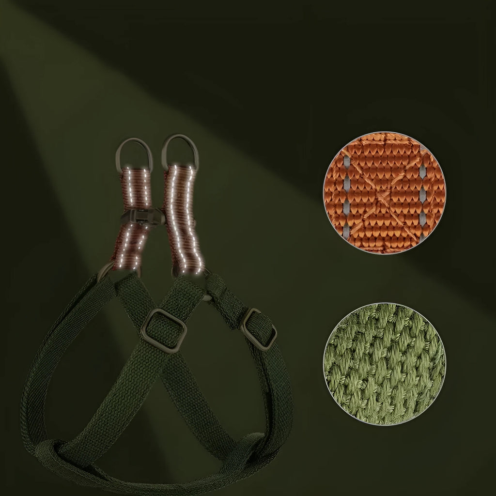Brown vest-style anti-loss dog leash with cotton and nylon construction and alloy fastener