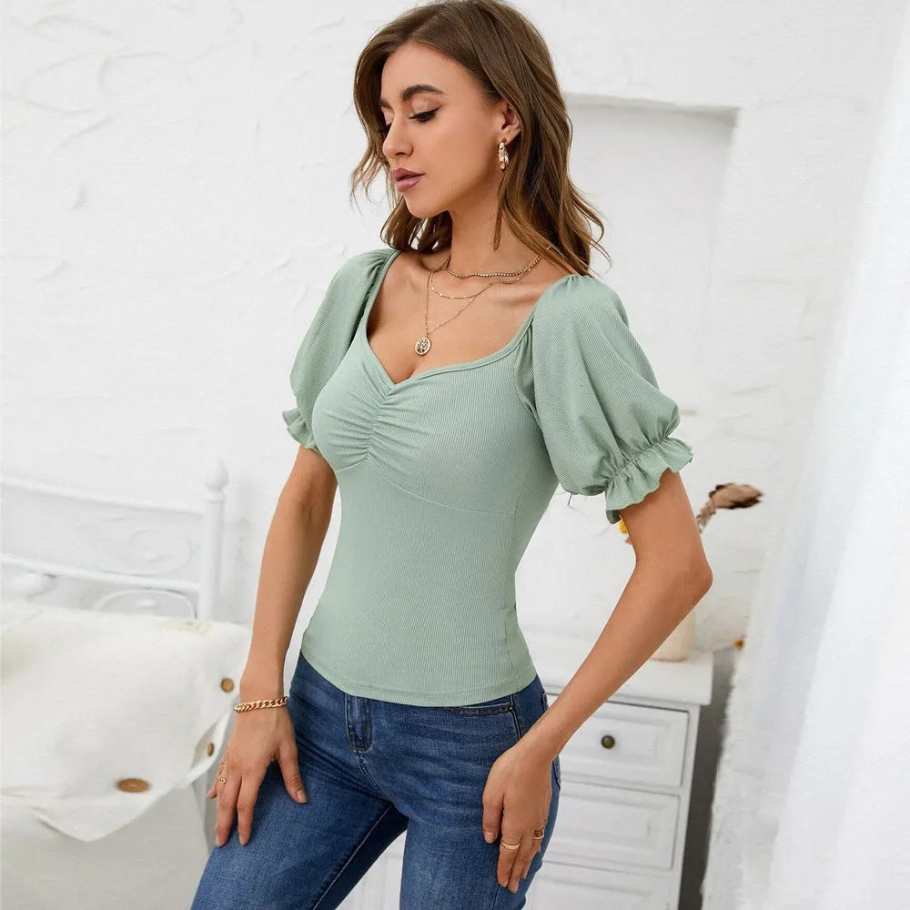 Women's light green slim fit puff sleeve knit top with shirring detail