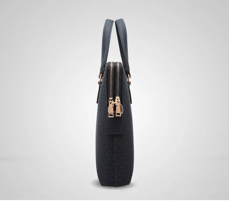 Genuine leather men's business handbag 14 inch computer bag in black with embossed geometric pattern