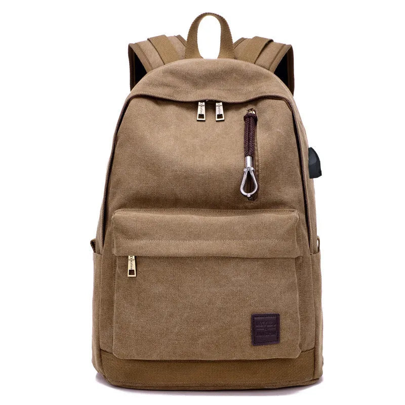 Canvas backpack with USB charging port showing computer pocket and available colour options