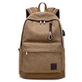 Canvas backpack with USB charging port showing computer pocket and available colour options