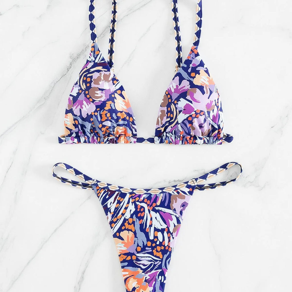 Women's floral print polyester swimsuit with split triangle bag design