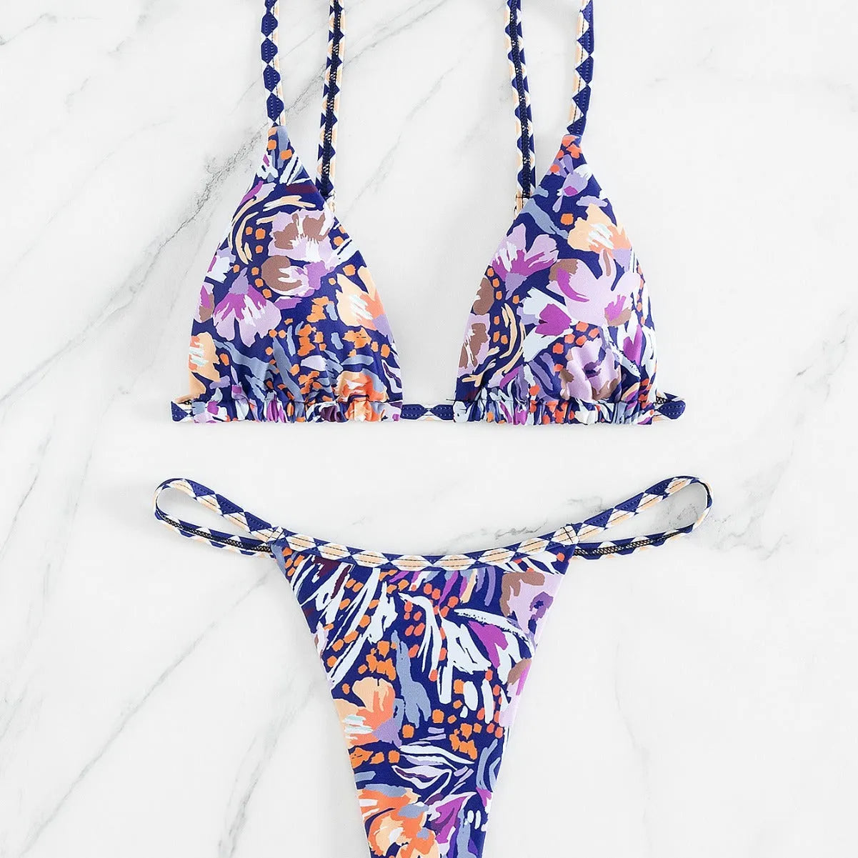 Women's floral print polyester swimsuit with split triangle bag design