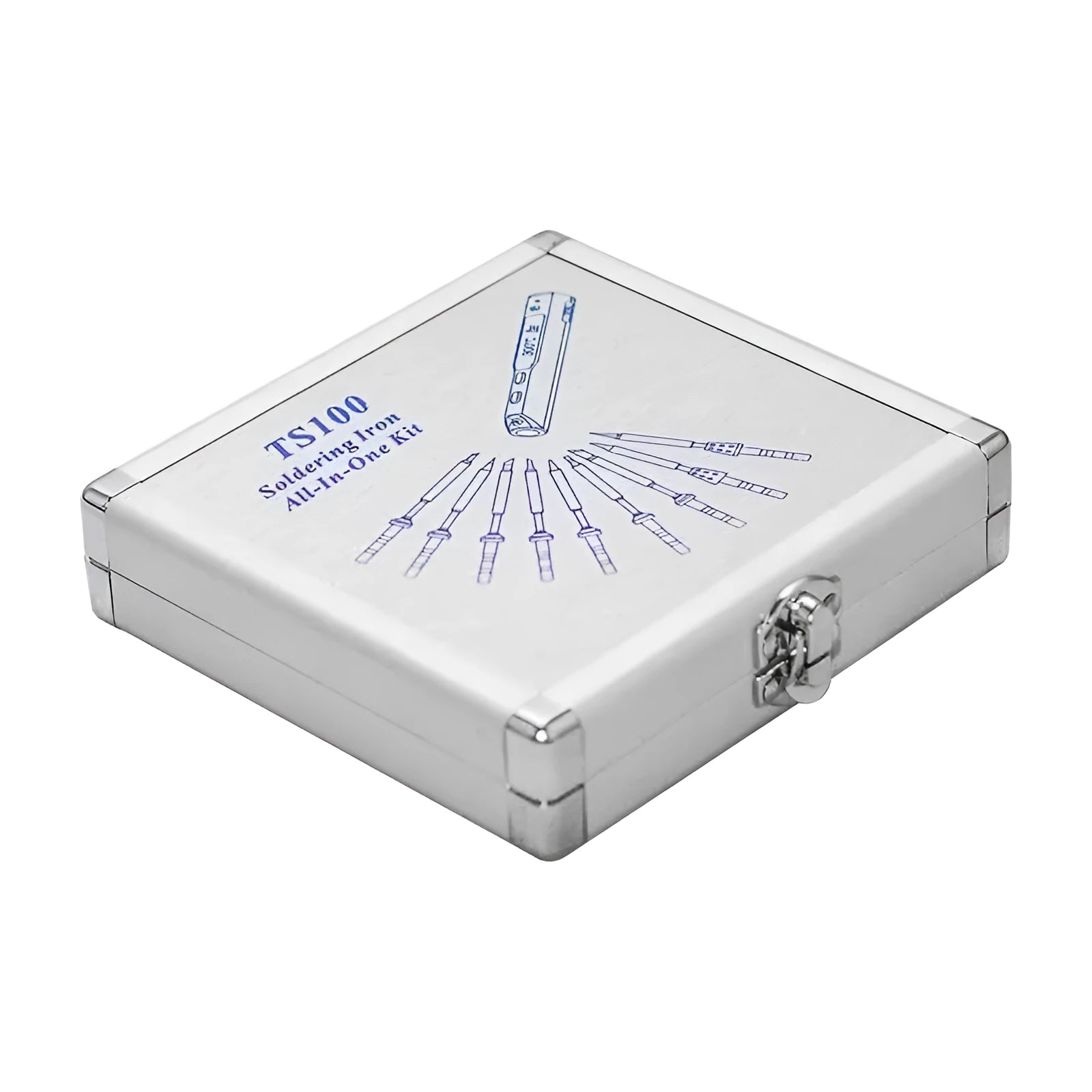 Silver aluminium storage box for portable soldering iron showing compact dimensions
