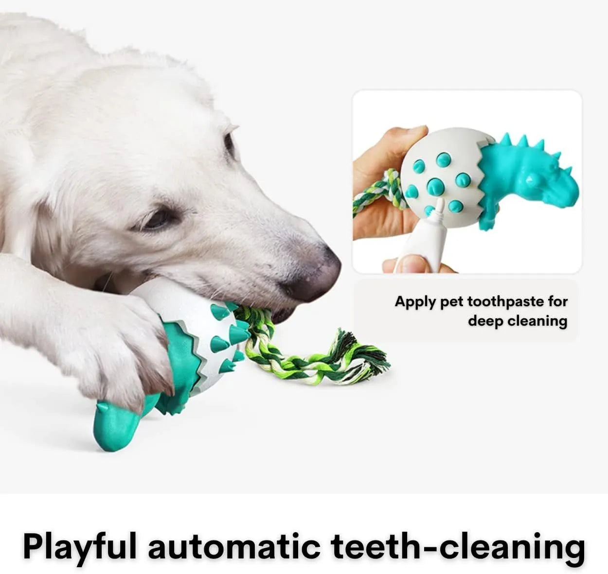 Blue dinosaur-shaped dog chew toy with textured nubs and a green rope tail for fetch or tug.