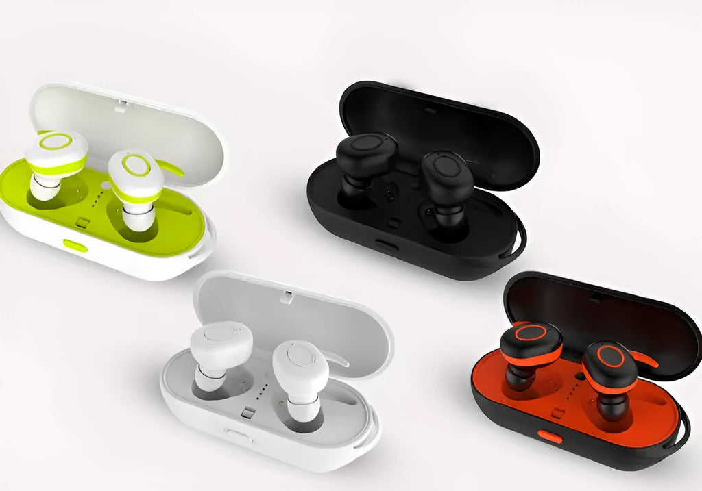 Wireless Bluetooth sports earbuds in black, green, red, and white colours showing in-ear design.