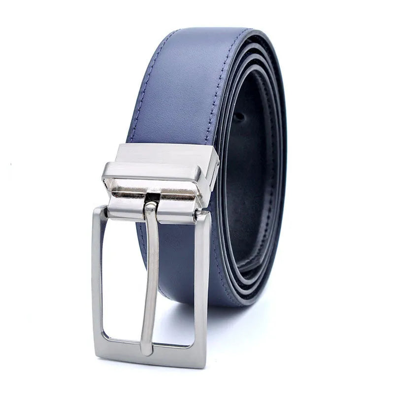 Men's dark brown and black genuine leather belt with a rotating alloy pin buckle