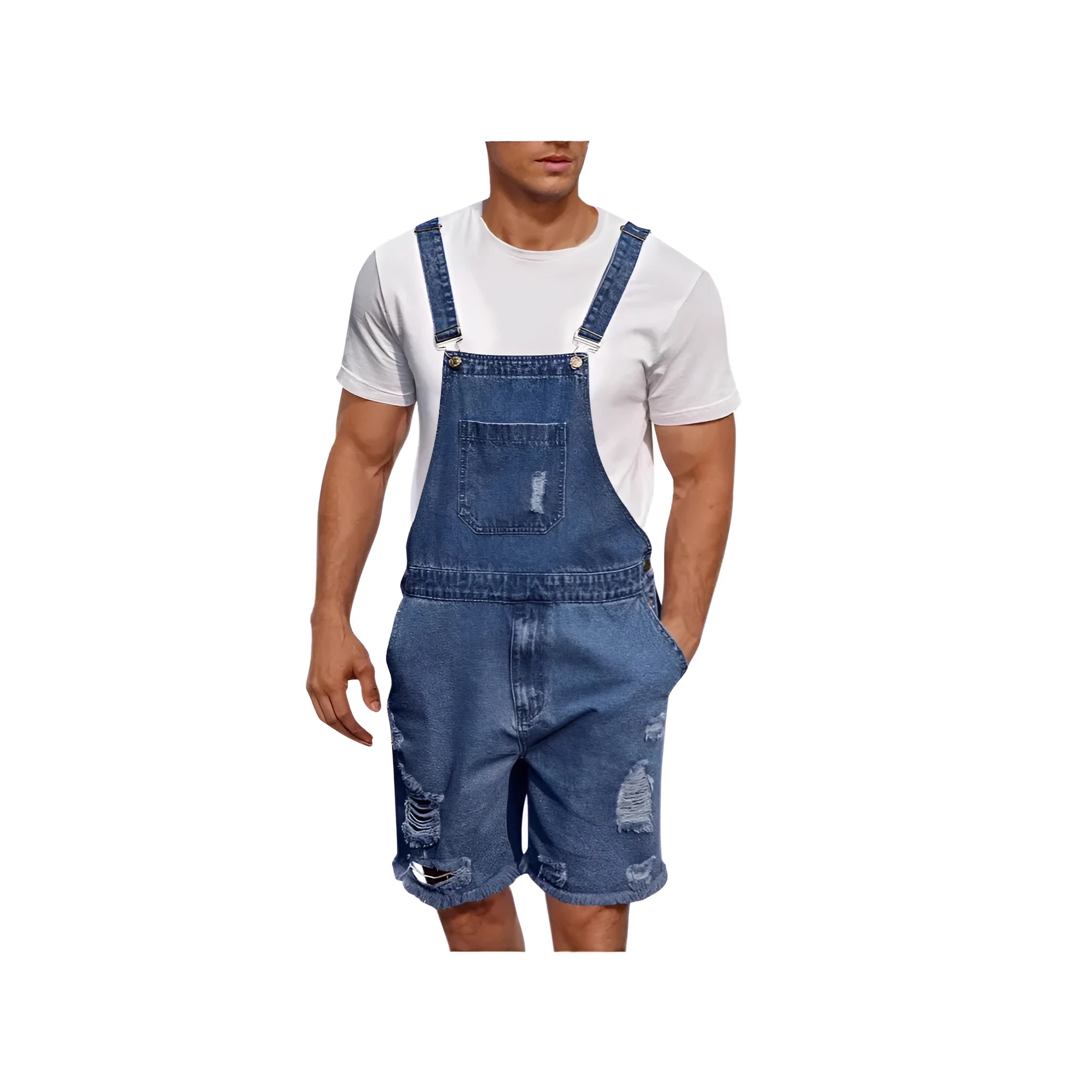 Men's ripped denim shorts with suspenders in straight-leg style, available in three colours