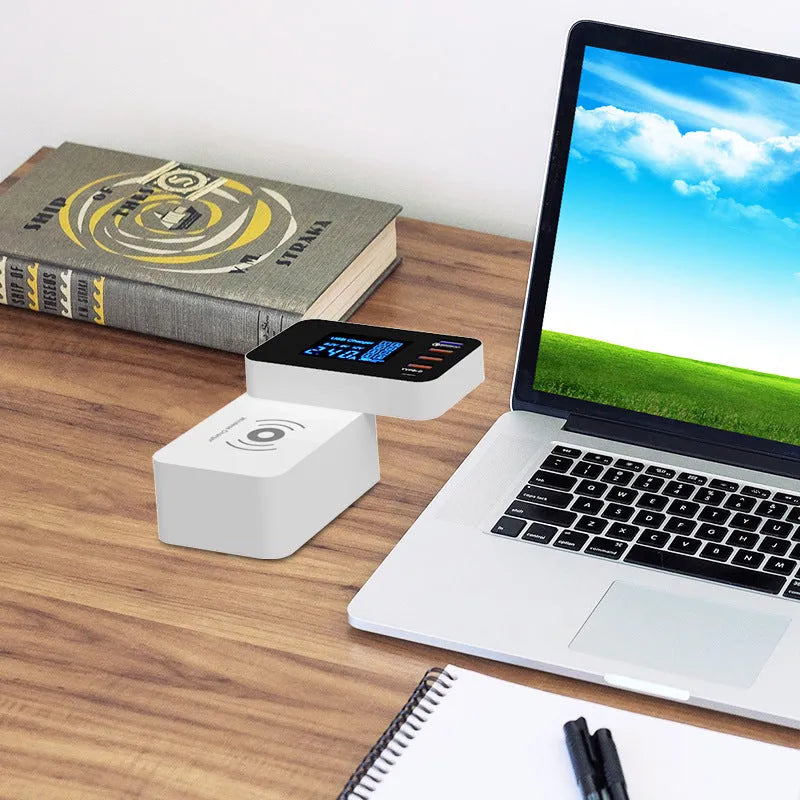 White multi USB port wireless fast charger with international plugs and 1.5 metre cable