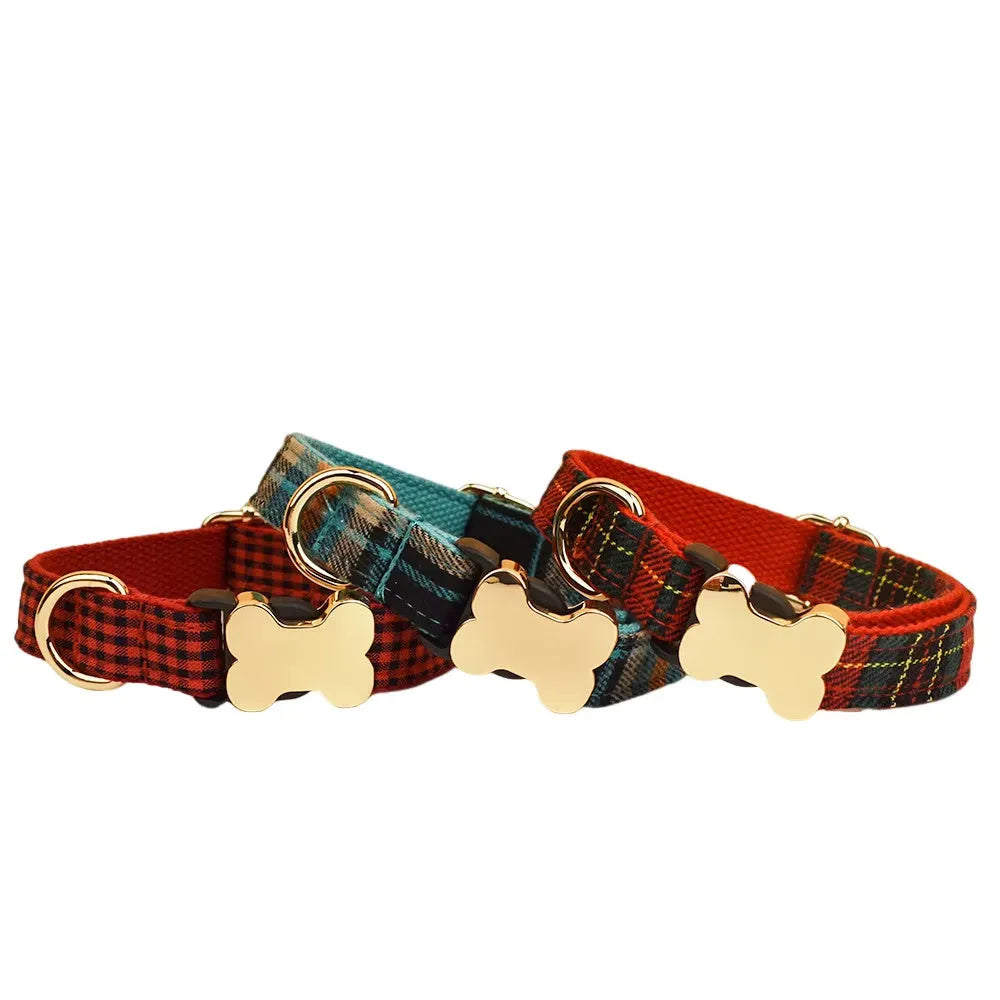 Nylon dog collar with grid print and bone-shaped metal buckle in multiple colour options.