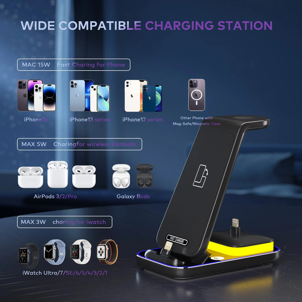 Black vertical wireless charging stand holding phone upright with smartwatch and headset charging