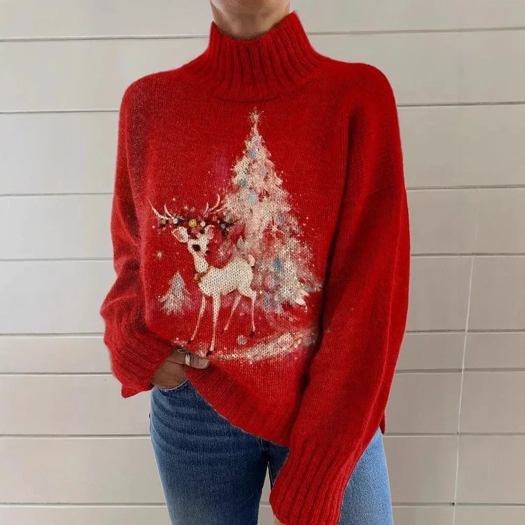 Women's Christmas printed turtleneck sweater with painting pattern in macaron colour