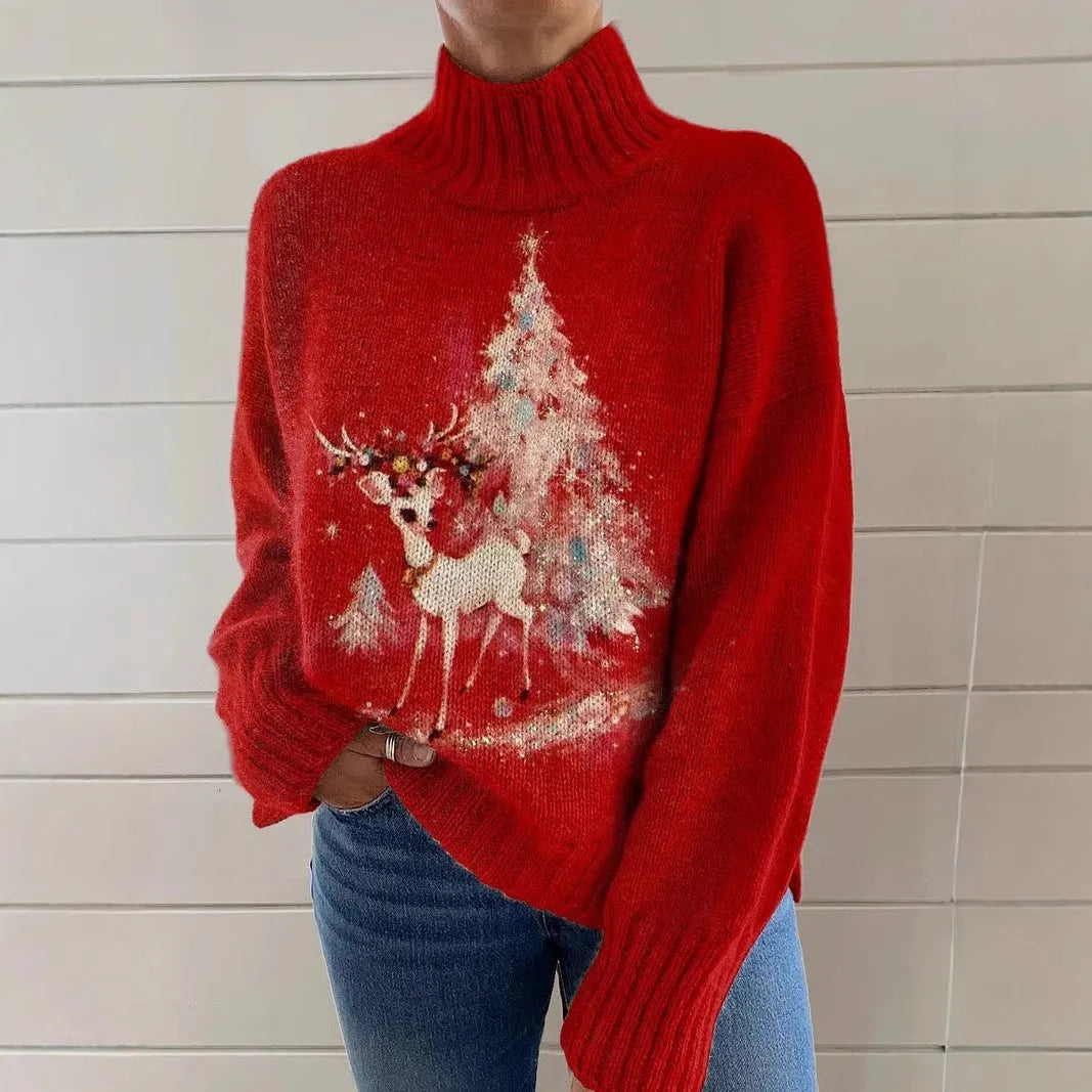 Women's Christmas printed turtleneck sweater with painting pattern in macaron colour