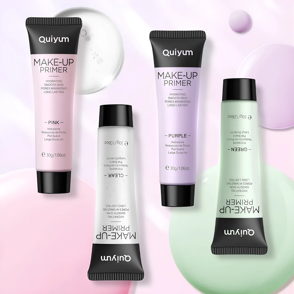 4 colour makeup primer compact showing green, pink, and purple colour correcting cream shades