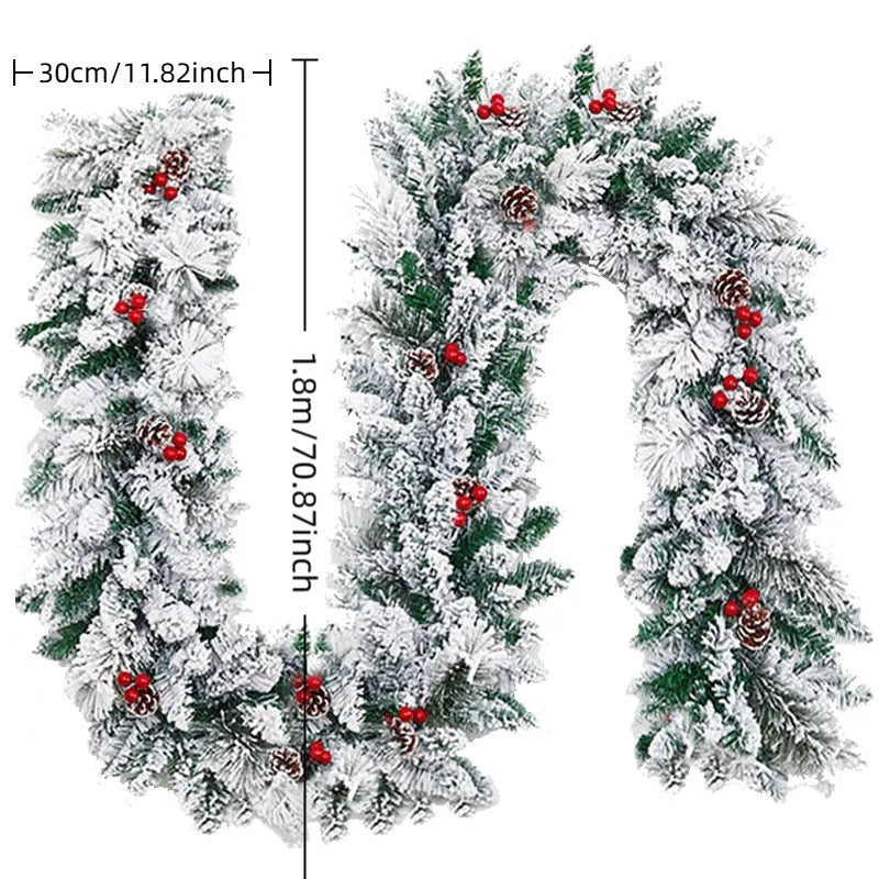 White flocked snow artificial rattan vine Christmas garland on a red background.