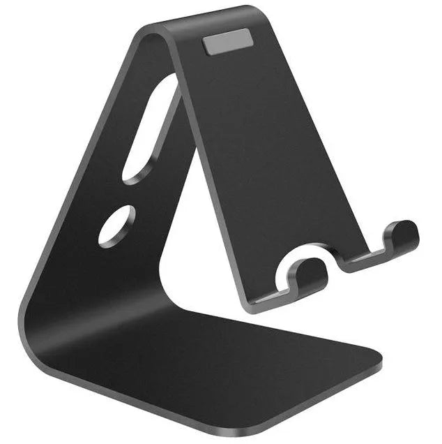 Aluminium alloy universal phone and tablet stand in black, red, rose gold, and silver colour options.