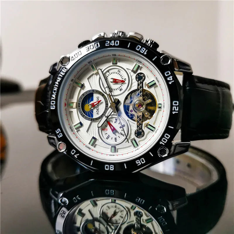 Men's automatic mechanical casual watch with a 12mm thick case in various colour finishes.