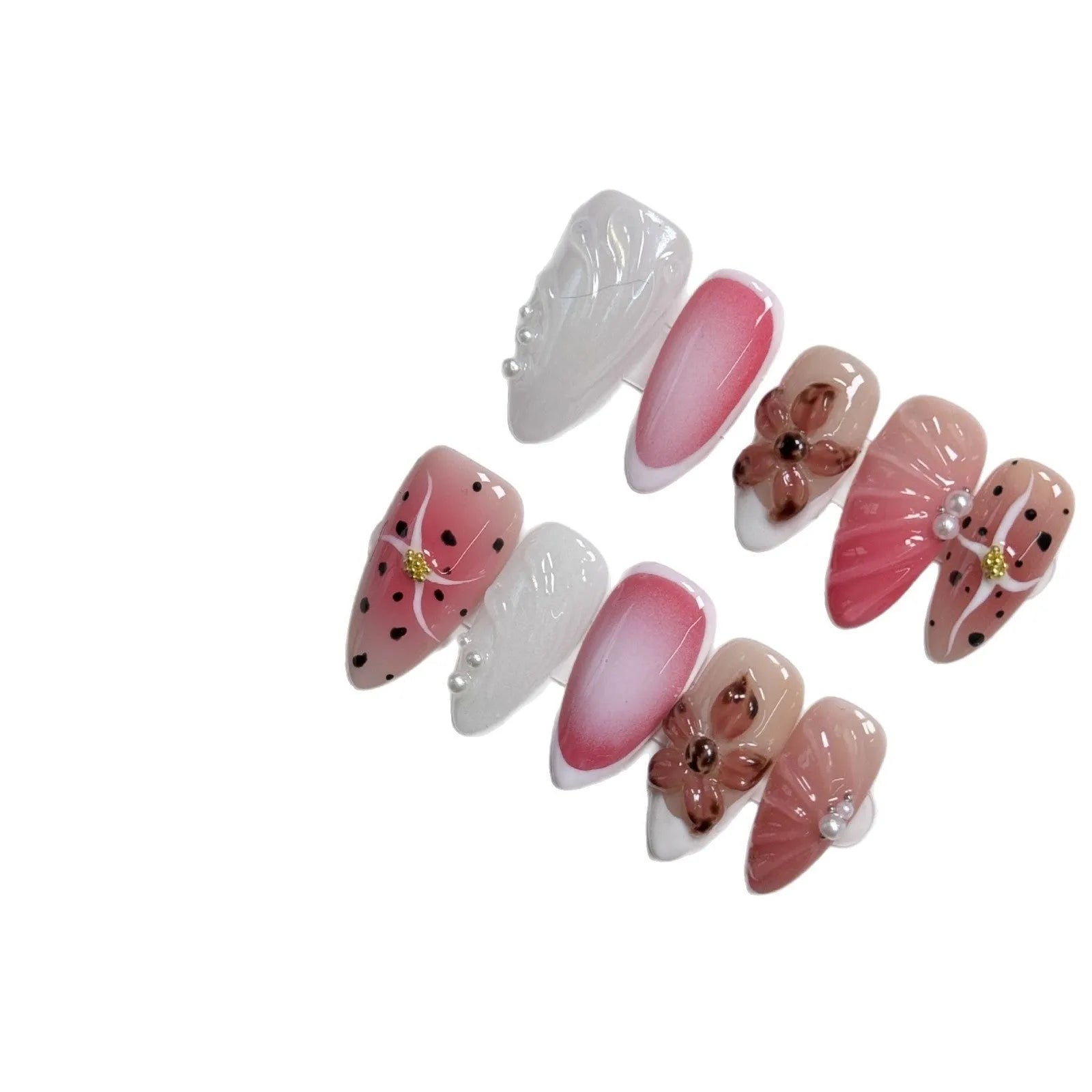 Hand-painted 3D carved nail patches showing embossed candy patterns in colourful designs.