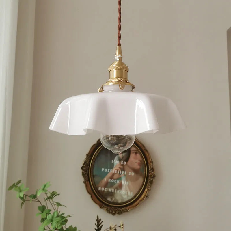 Brass medieval chandelier with glass flower buds, adjustable height, five light colour options