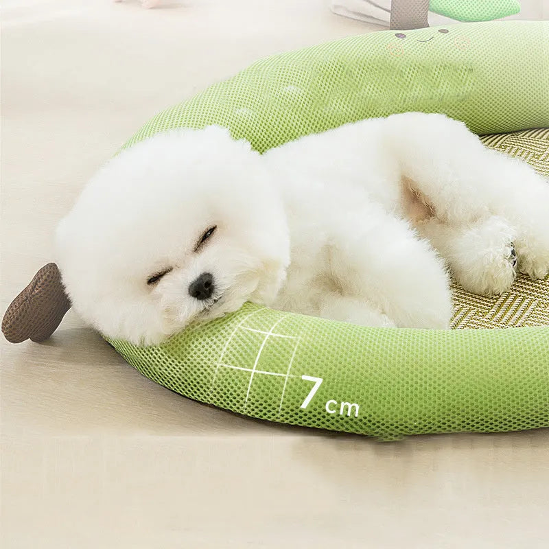 Green pet bed with fruit-patterned backrest, shown in large size for dogs.