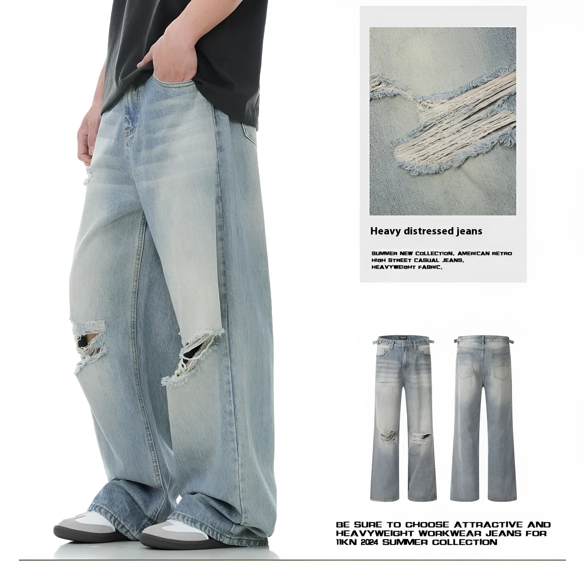 Blue men's straight-leg jeans with ripped knee detailing and a zipper fly