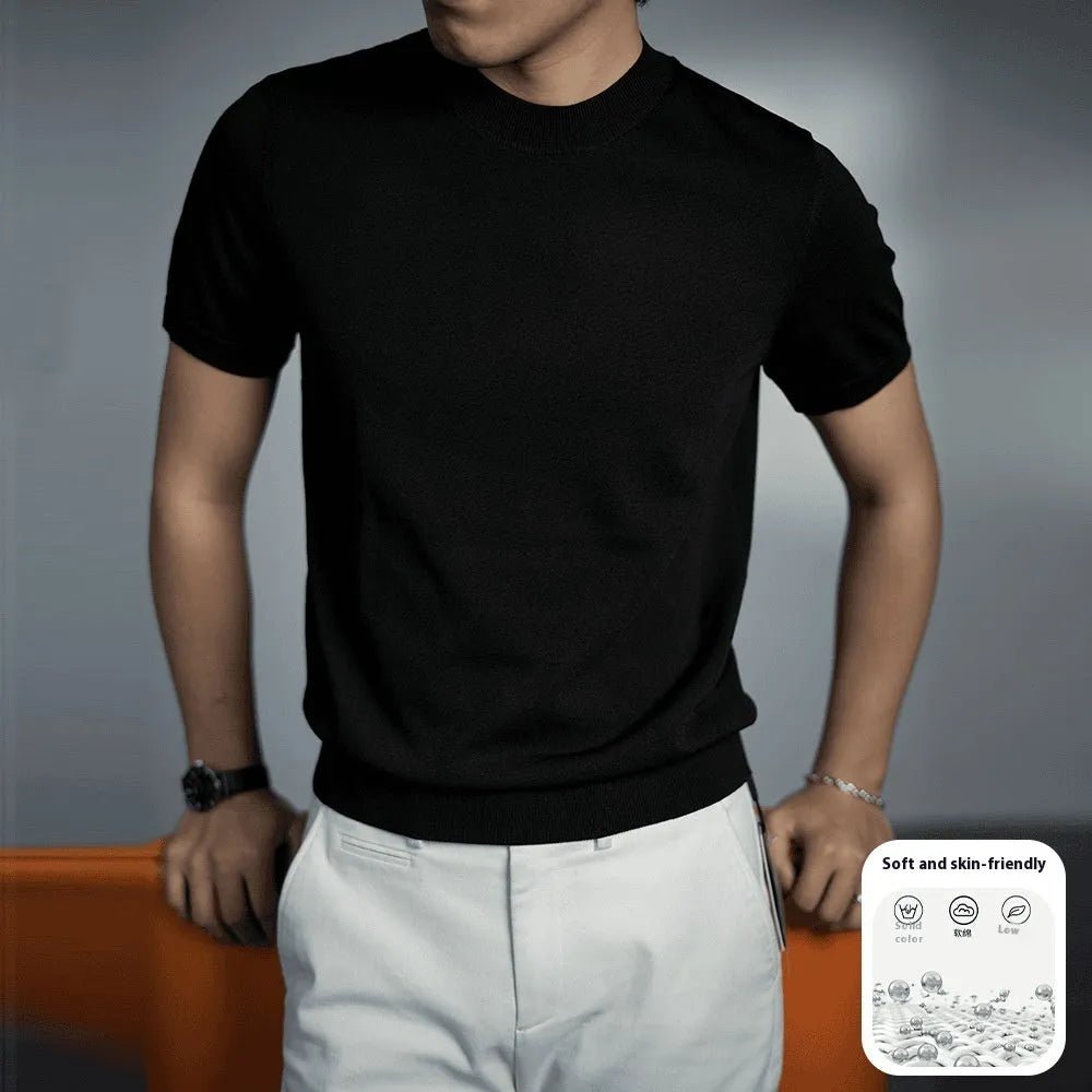 Men's knitted t-shirt in chemical fibre blend with round neck and short sleeves in solid colour options