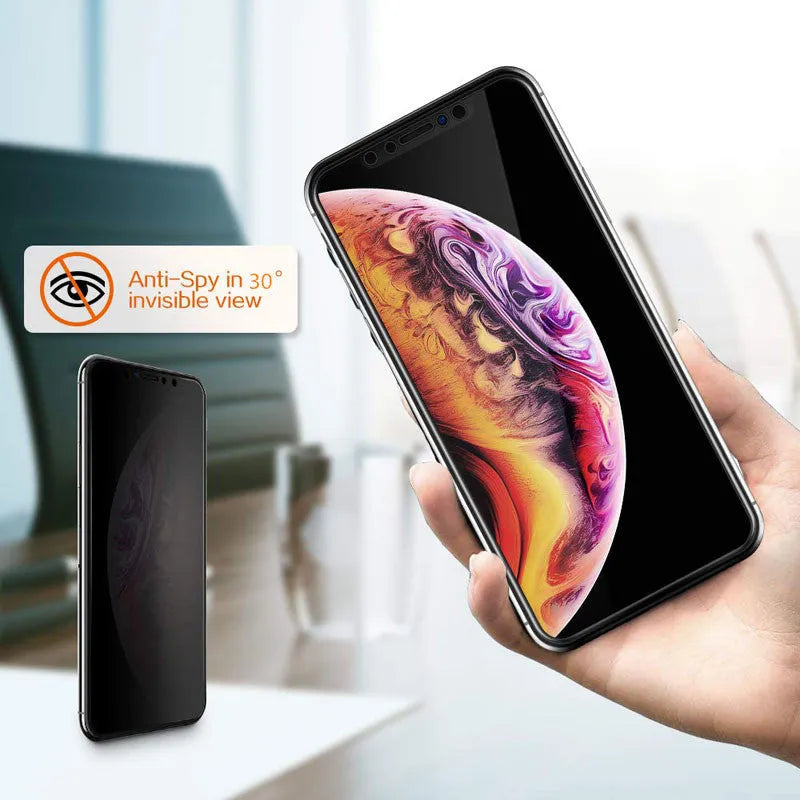 Black anti-peeping tempered glass screen protector for iPhone showing privacy angle demonstration