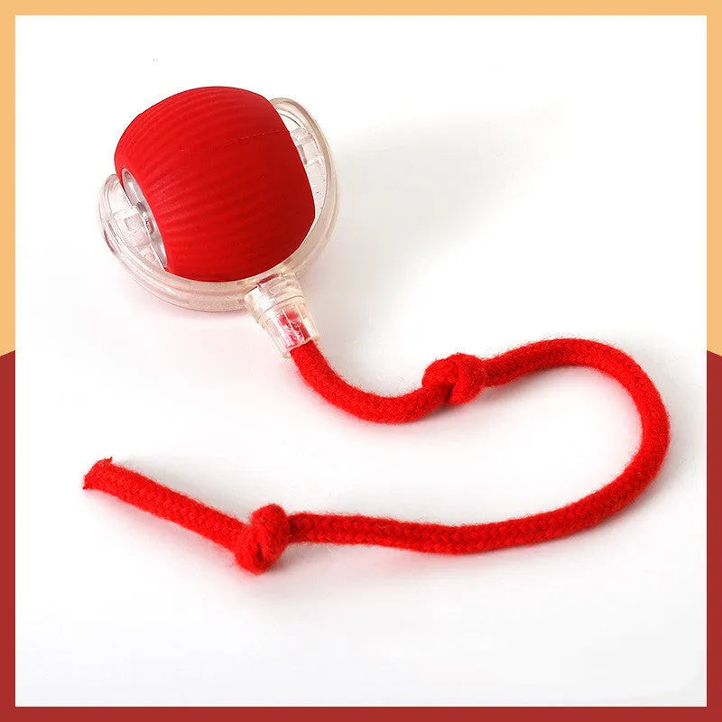 Silicone rolling ball cat toy in red, green, or grey colours, some variants with an attached rope.