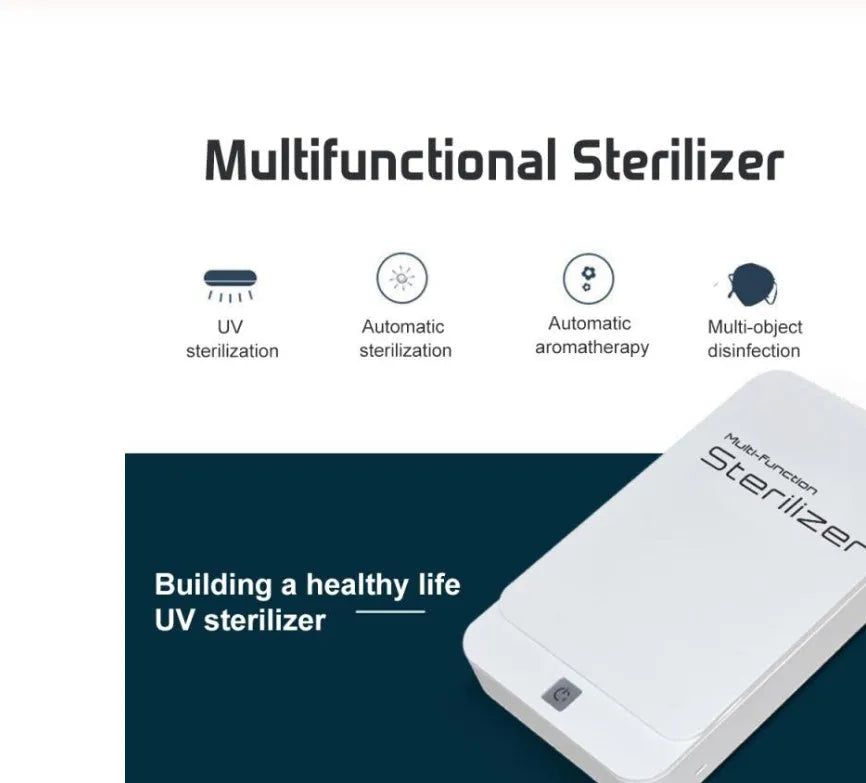 Blue UV phone steriliser box with touch control and open lid showing disinfection chamber.