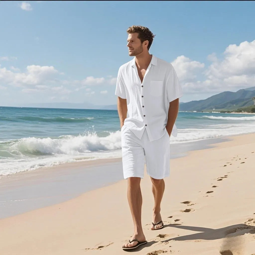 Men's linen blend short sleeve shirt and shorts casual beach set in army green.