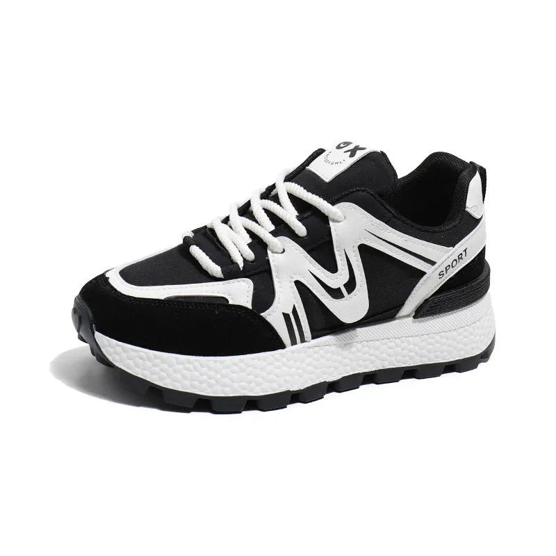 Women's black sports casual shoes with platform flat heel and lace-up front