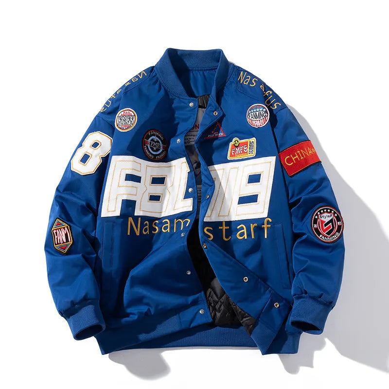 Black American motorcycle baseball uniform with removable hood for couples in autumn winter style