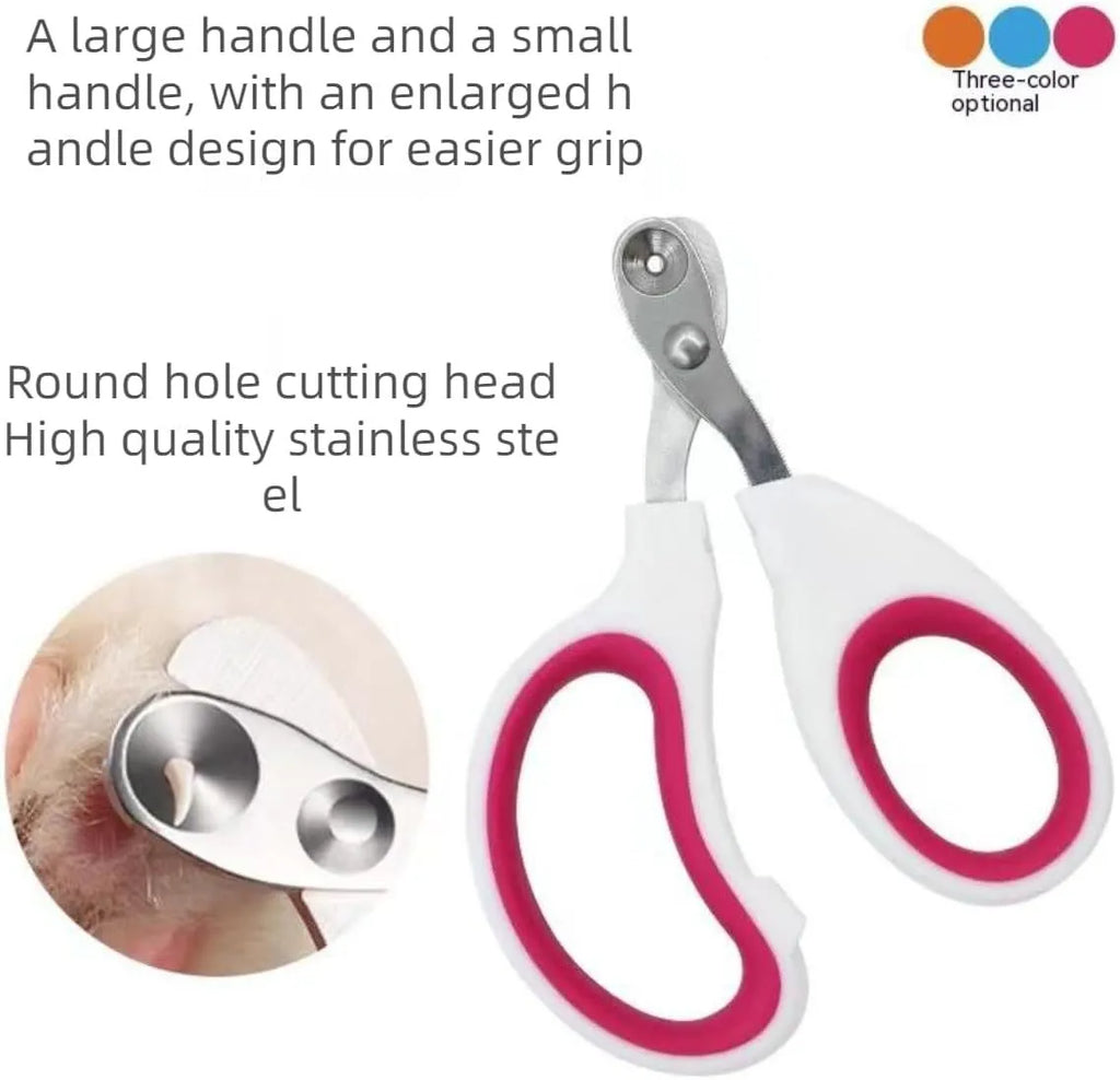 Cat nail clippers with circular hole design in blue, orange, and pink colours