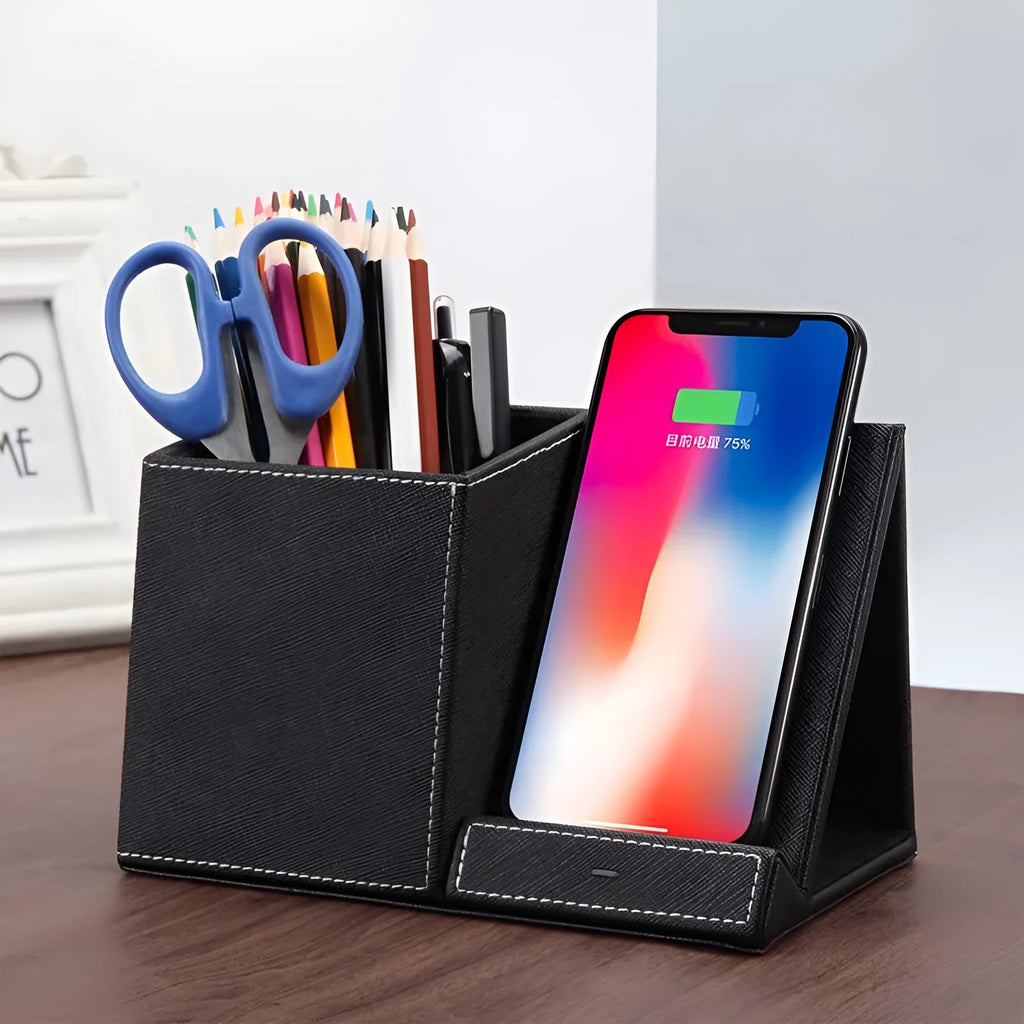 Black leather wireless charging desk organiser with pen holder and phone stand at 45-degree angle