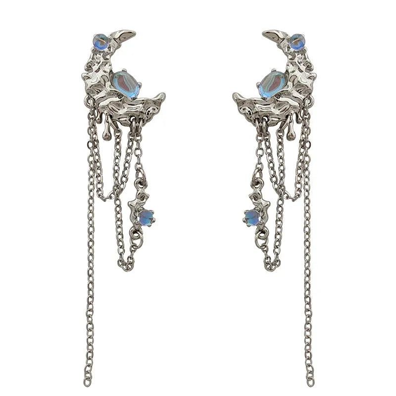 Pair of S925 silver needle moon earrings with long fringe and irregular polka dot detailing in silver tone
