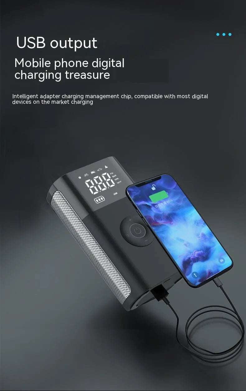 Wireless digital display car tyre inflator with multiple nozzle adaptors and LED light