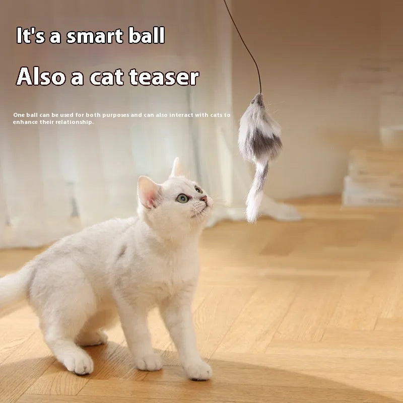 Automatic rolling cat toy with plush mouse on a hard floor