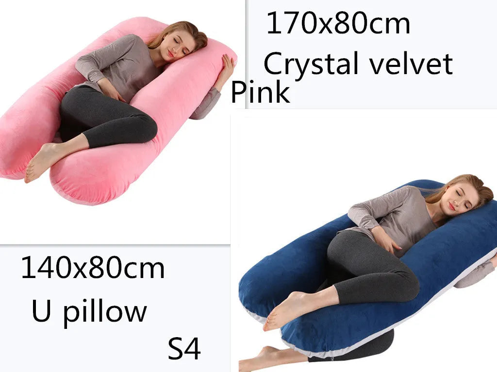 Large U-shaped pregnancy support pillow with removable cover in choice of fabrics.